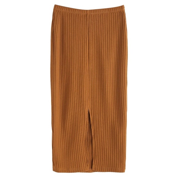 Used Camel Basic Plain Stretchy Ribbed Knit Split Skirt Maternity Option - Picture 3 of 8